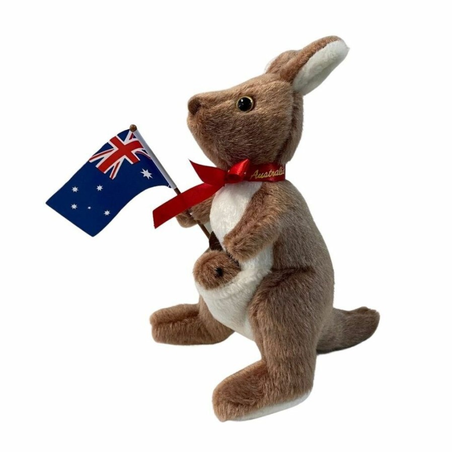 Animals * | Realaus Australia Quick Delivery Kangaroo And Joey With Flag 21Cm Stuffed Animal Soft Plush Toy